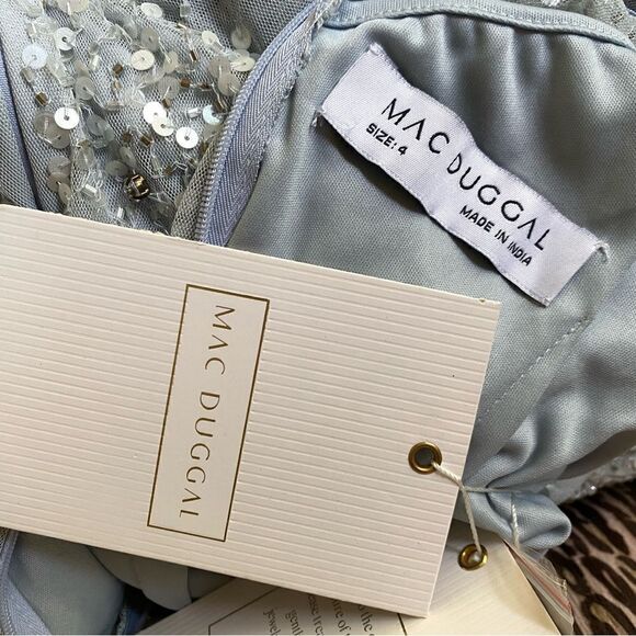 Mac Duggal #93655 Cape Sleeve Beaded Tea Length Dress blue Sz 4 NWT $598 - Picture 11 of 16